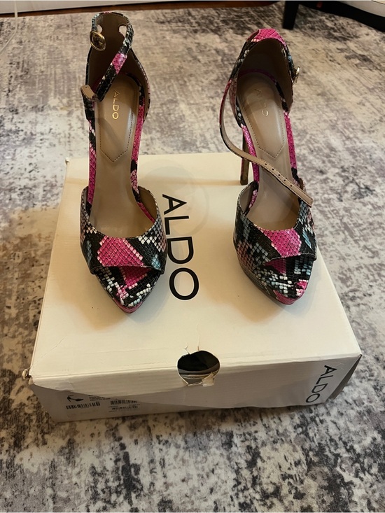 Aldo Shoes - ALDO Pink and Black Snake-Print Pointed Ankle-Strap Heels